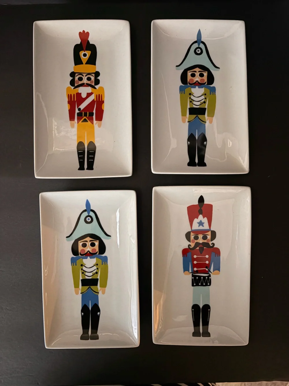 4 Crate&Barrel White Ceramic Nutcracker Dish with Blue, Green and